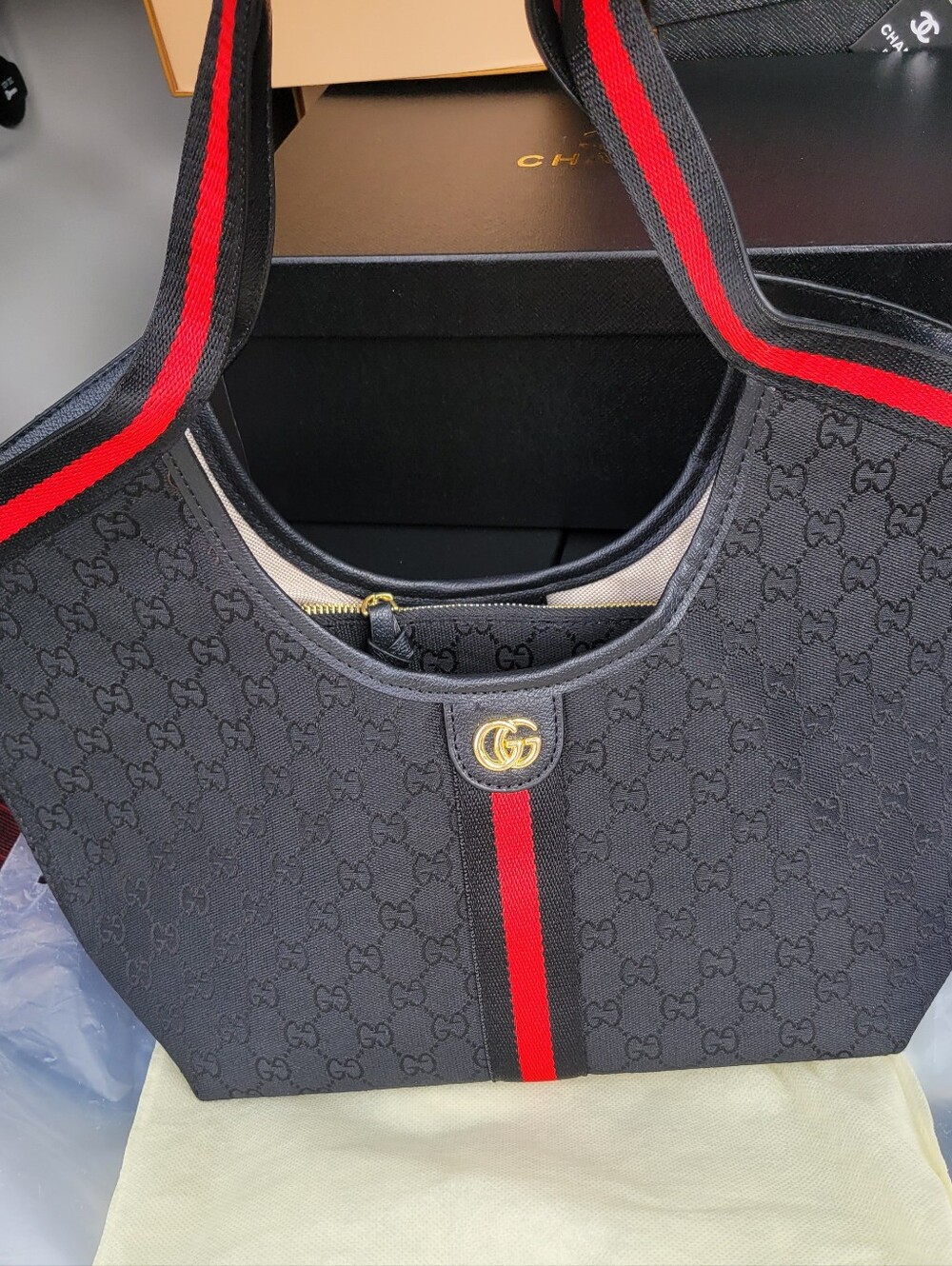 Black GG Canvas Tote with Red Web Stripe